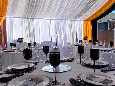 Graduation Party, Draped Tent, Tables, Chairs